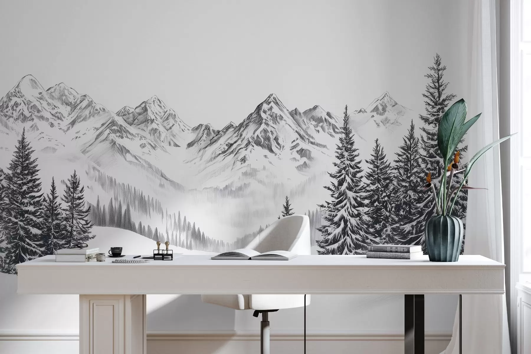murales de pared Montañas alpinas en la nieve, estilo lápiz, minimalismo w02352