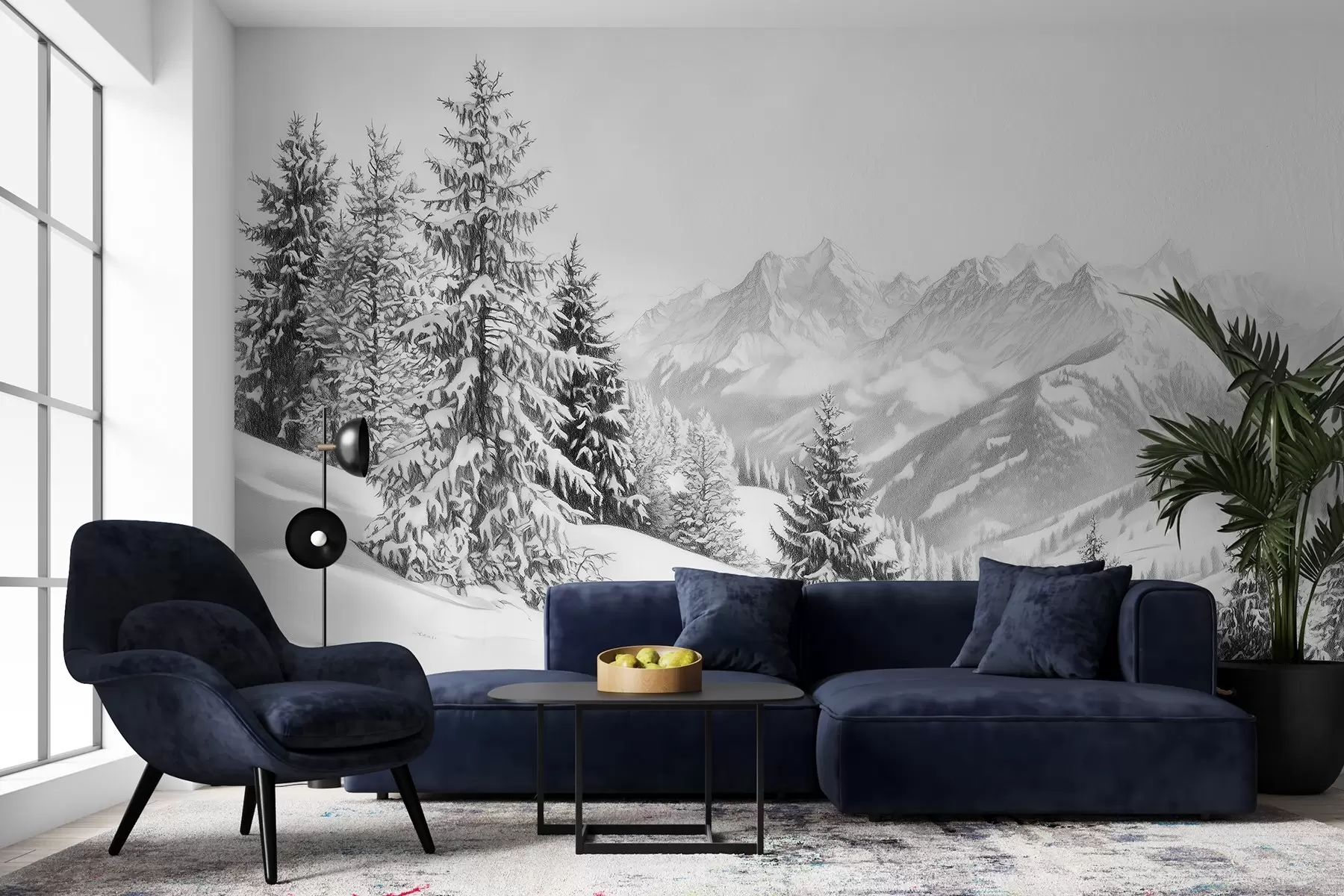 murales de pared Invierno en las montañas, bosque, Alpes, dibujo a lápiz, paisajes de naturaleza w02353