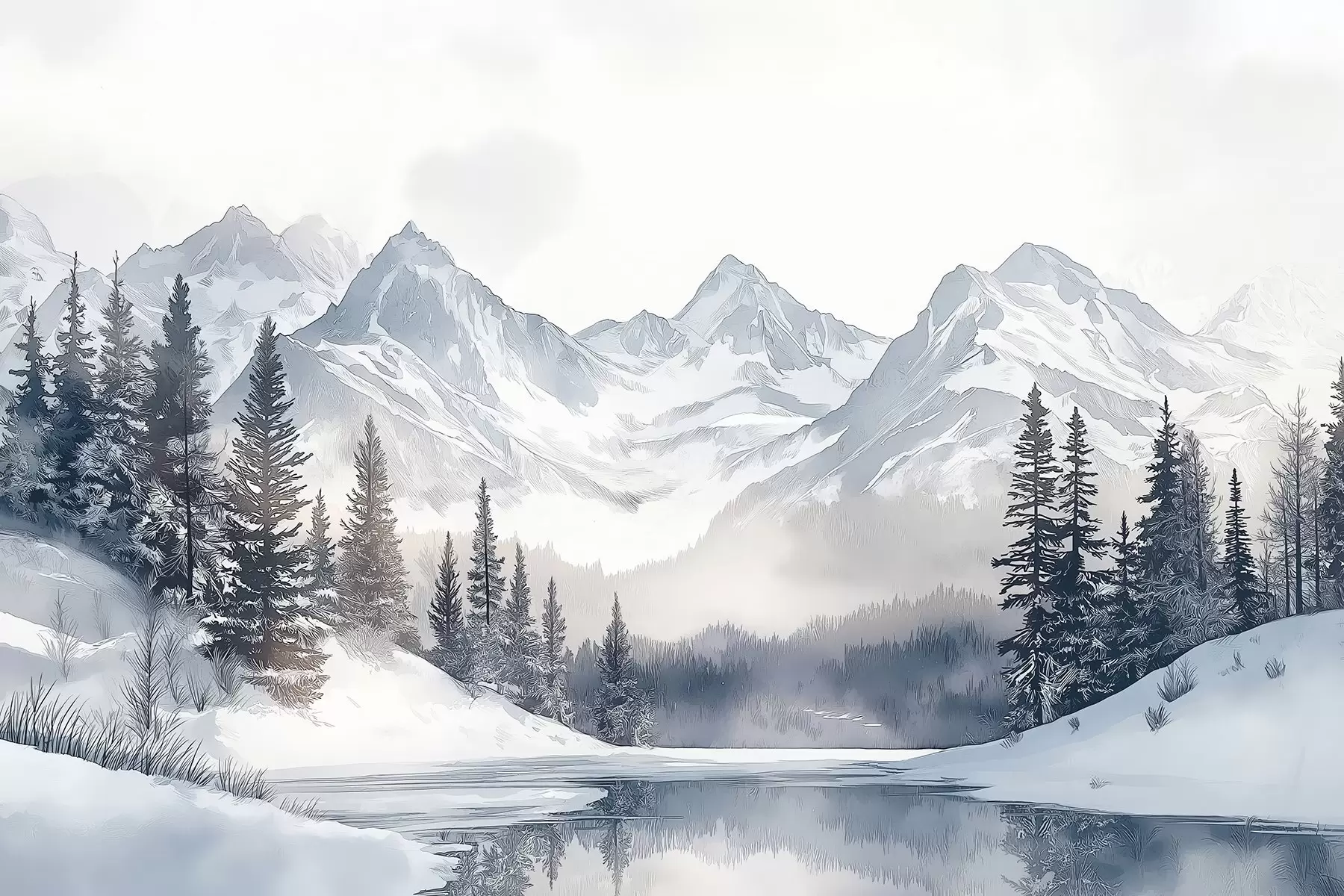 murales de pared Montañas con lago, invierno, bosque, cielo al atardecer, naturaleza w02357