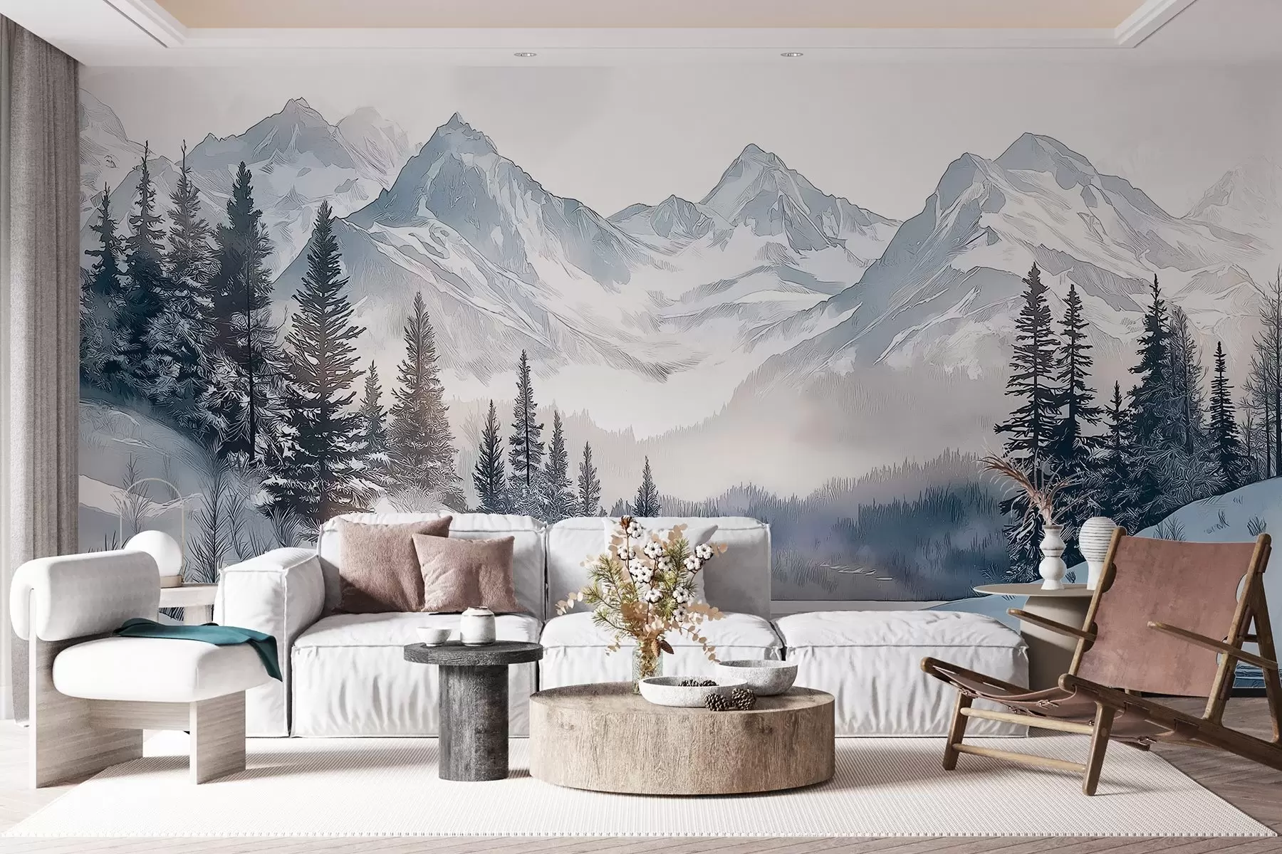 murales de pared Montañas con lago, invierno, bosque, cielo al atardecer, naturaleza w02357