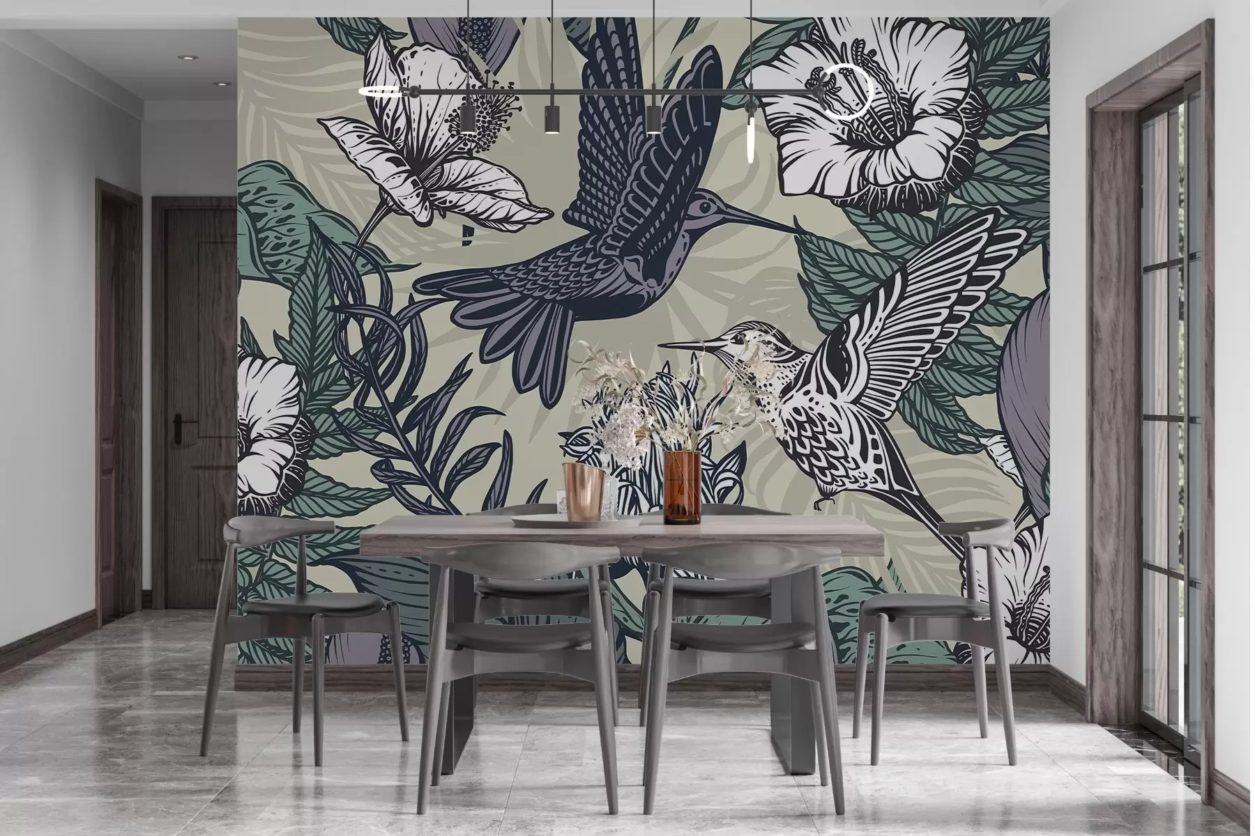 murales de pared Colibríes y flores en flor w02362