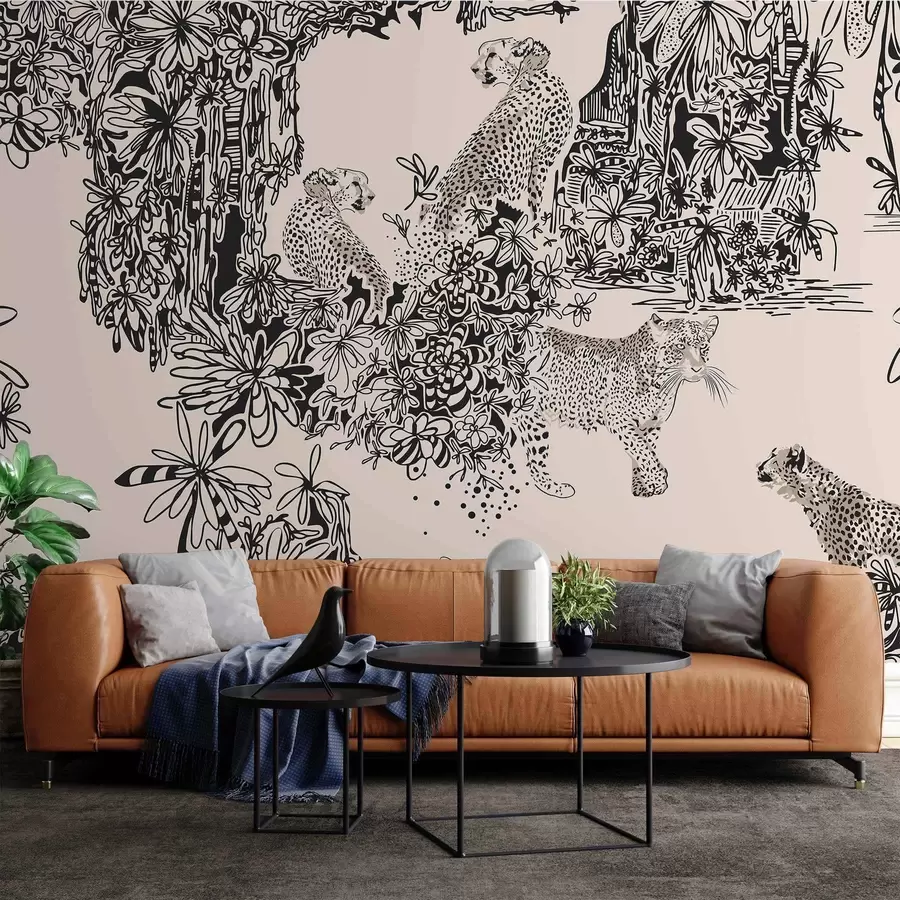 murales de pared Leopardo y árboles en tonos beige w02364