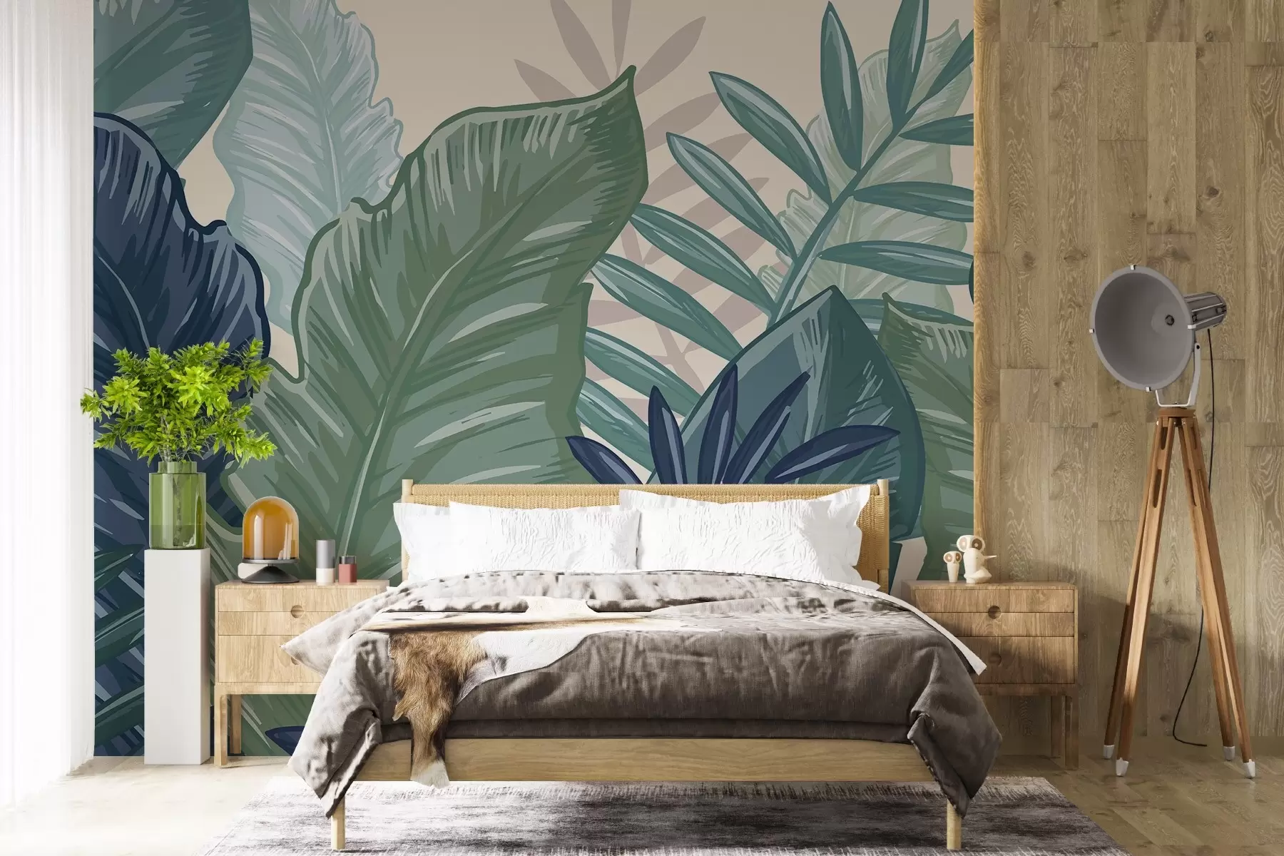 murales de pared Hojas tropicales con fondo beige claro w02367