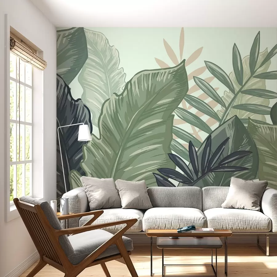 murales de pared Hojas tropicales con fondo azul claro w02367v1