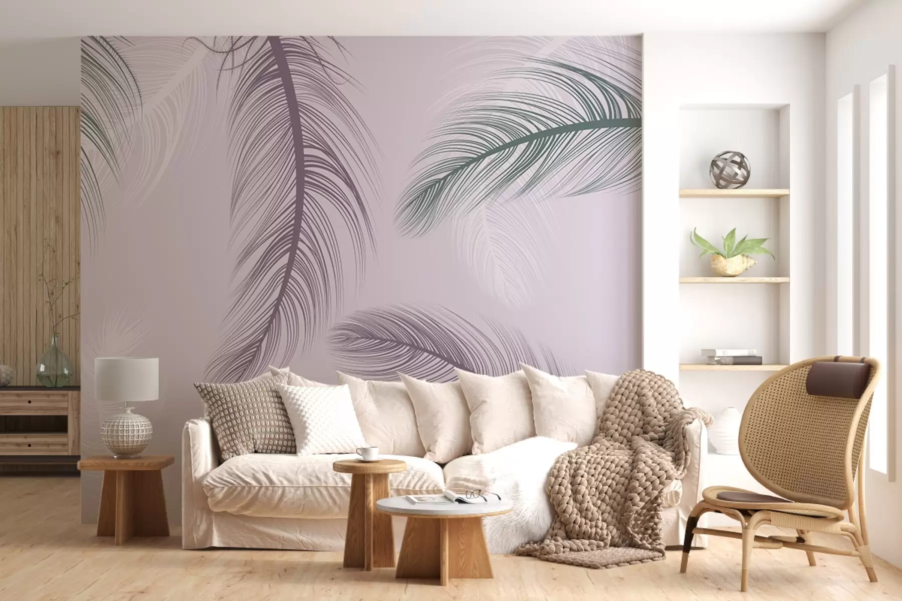 murales de pared Plumas multicolores sobre fondo rosa w02369v2