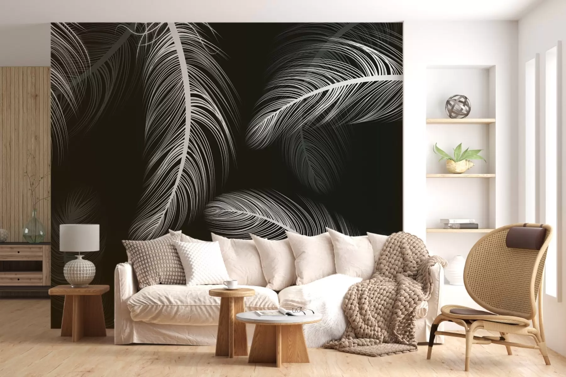 murales de pared Plumas blancas sobre fondo negro w02369v4