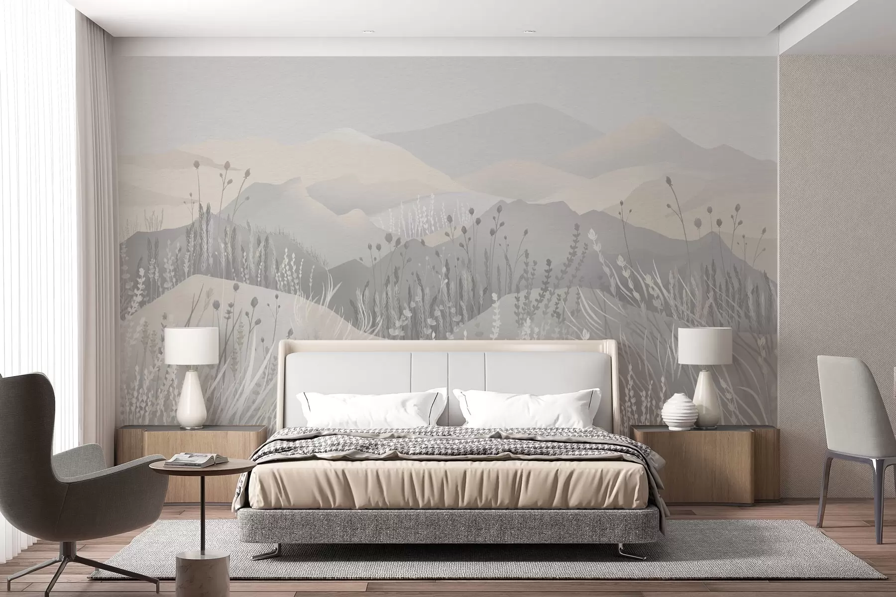 murales de pared Montañas brumosas y hierbas y flores silvestres w02317