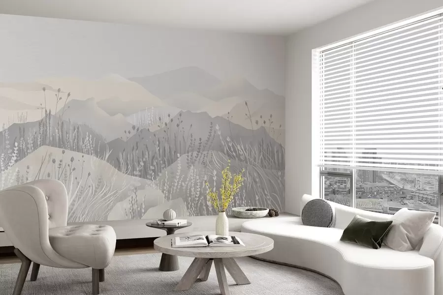 murales de pared Montañas brumosas y hierbas y flores silvestres w02317