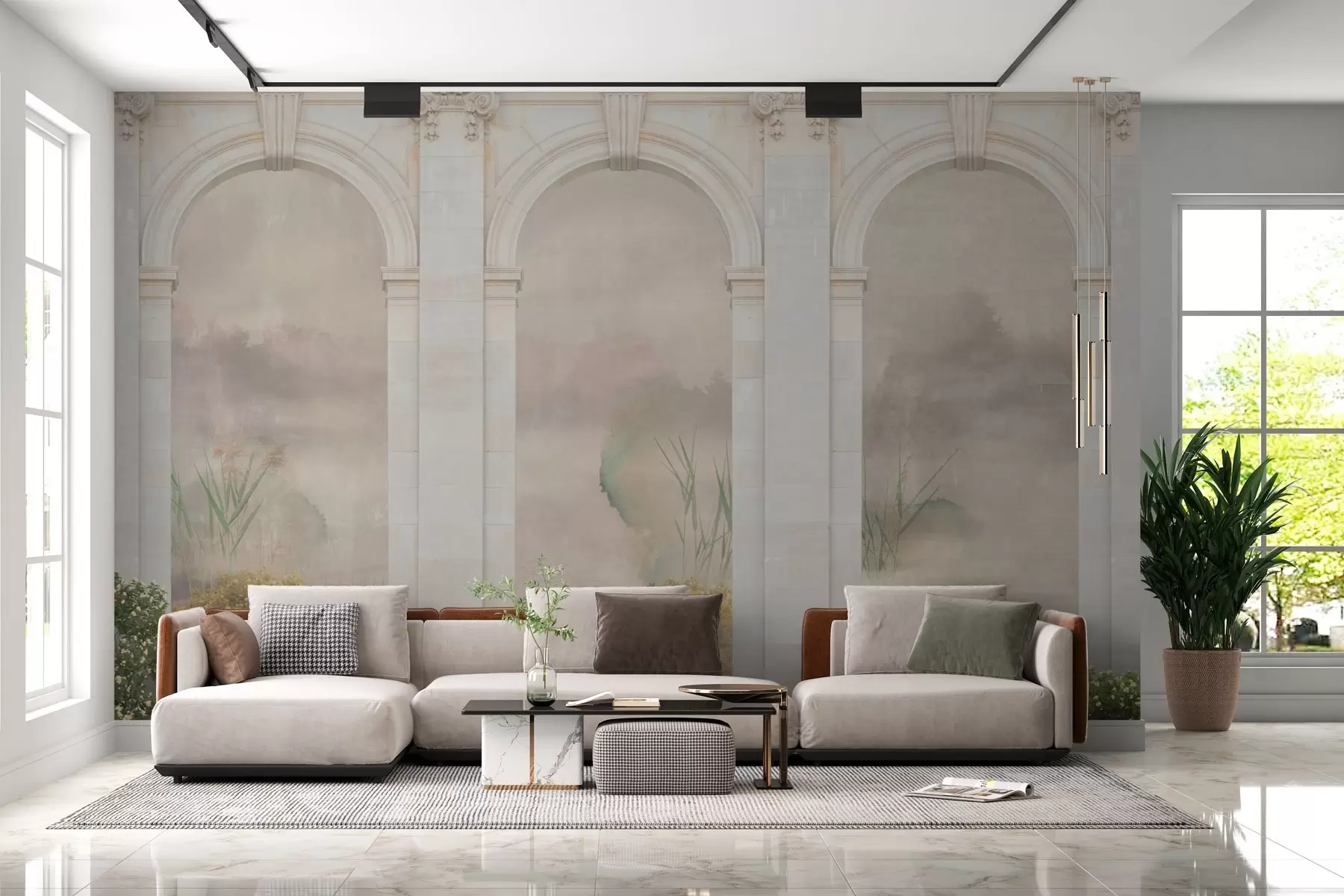 murales de pared Arcos de luz con arbustos y flores w02371v1