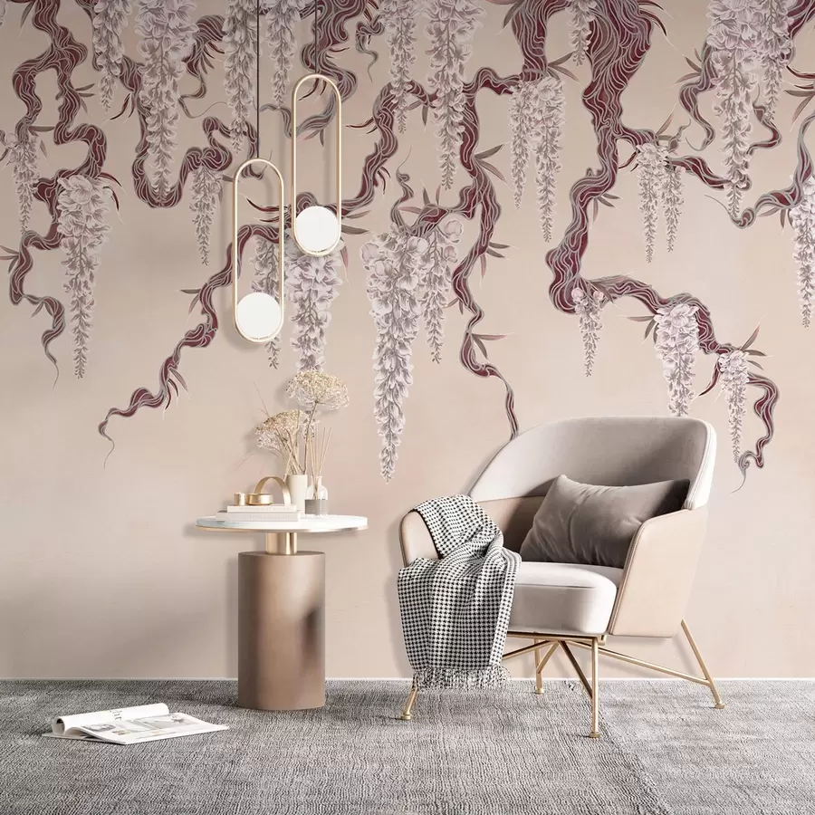 murales de pared Glicinias rosas sobre fondo grunge beige empolvado w02372v1