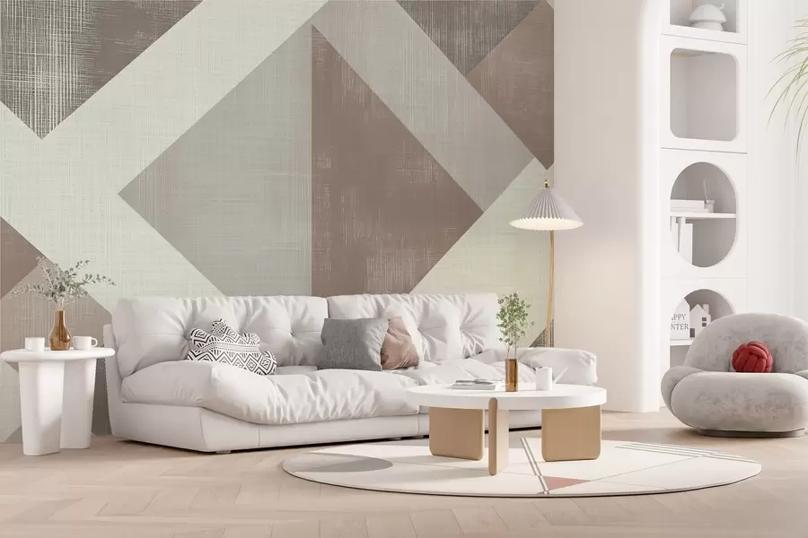 murales de pared Moderno diseño geométrico de papel pintado con formas superpuestas en suaves tonos beige, verde y gris w02341v1