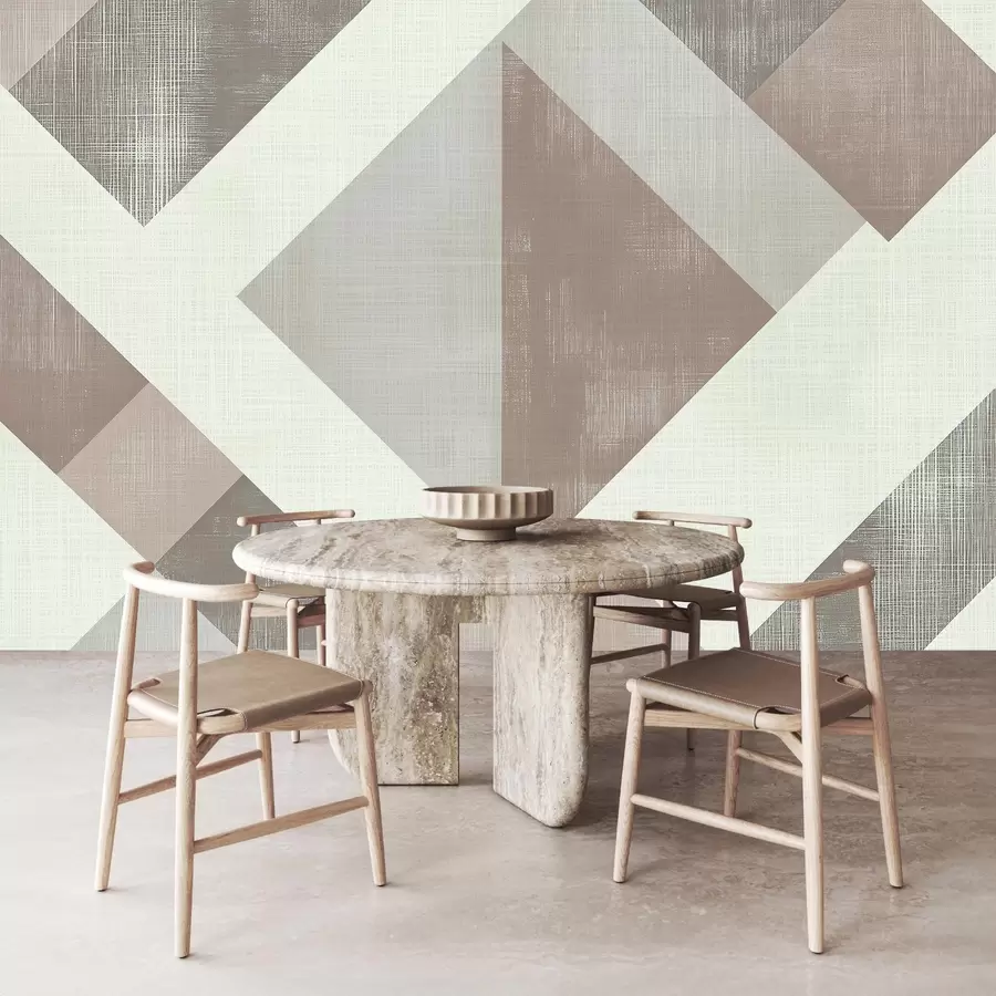 murales de pared Moderno diseño geométrico de papel pintado con formas superpuestas en suaves tonos beige, verde y gris w02341v1