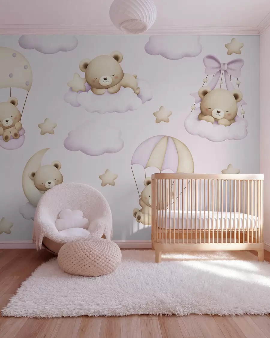 murales de pared Osos en paracaídas y nubes sobre fondo rosa w02385v1