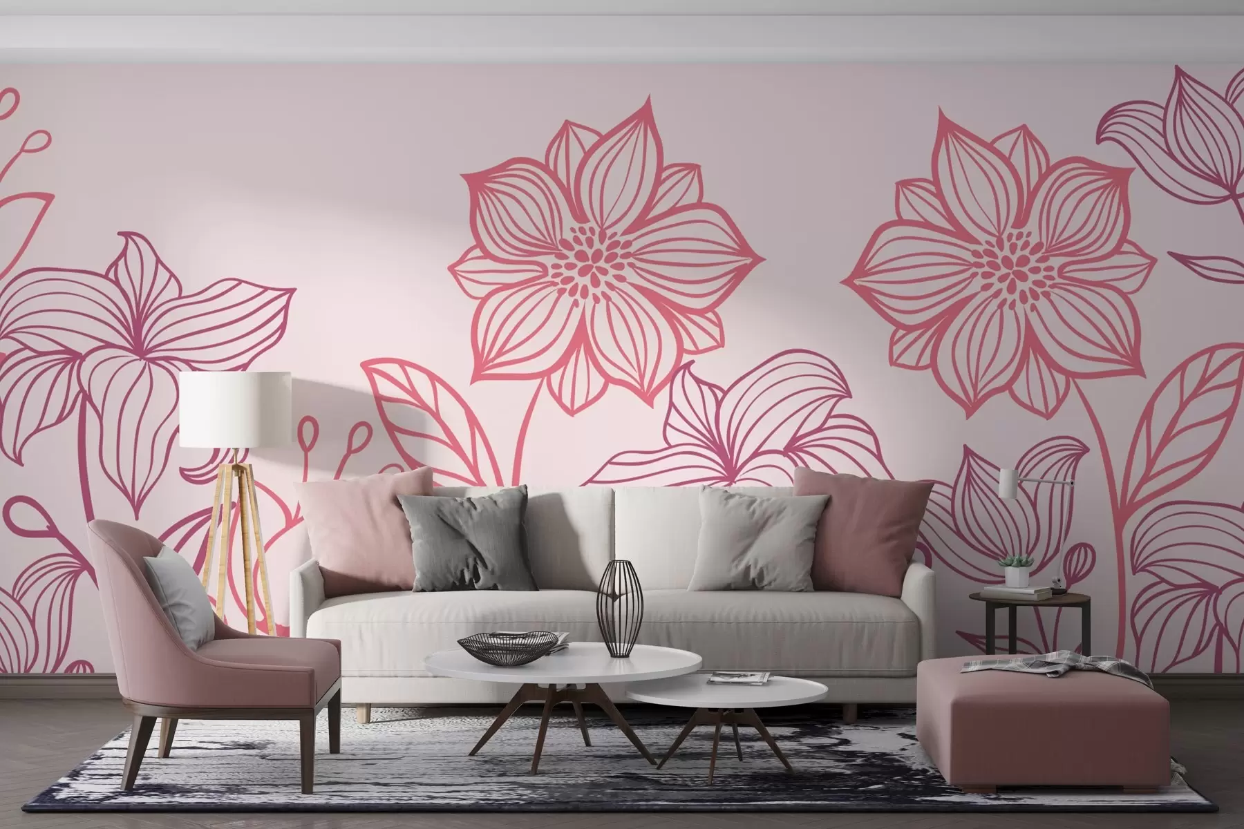 murales de pared Contornos pintados de flores rosas w02394