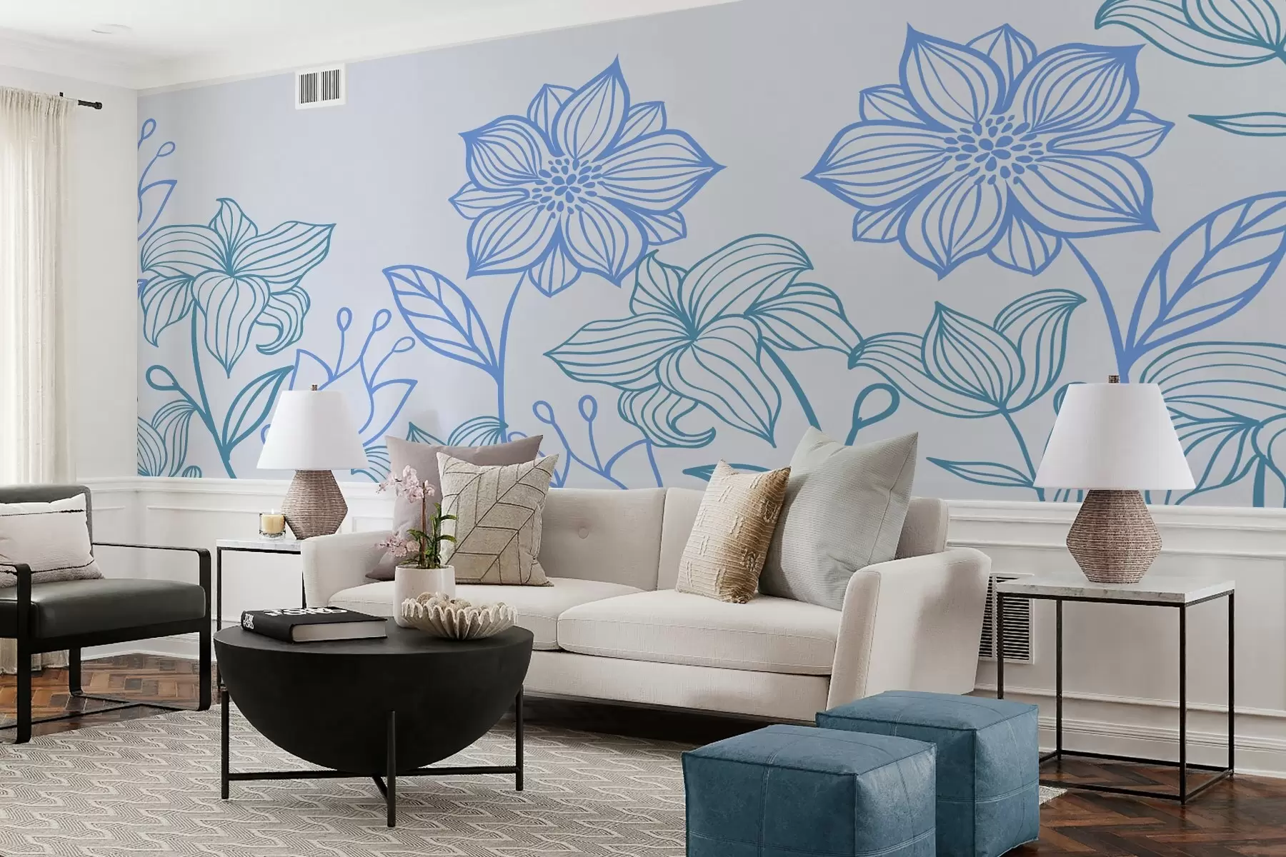 murales de pared Contornos pintados de flores azules w02394v1