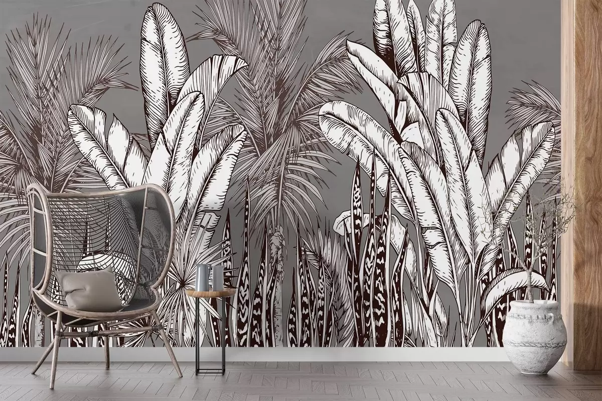 murales de pared Patrón con hojas tropicales sobre fondo gris w02299