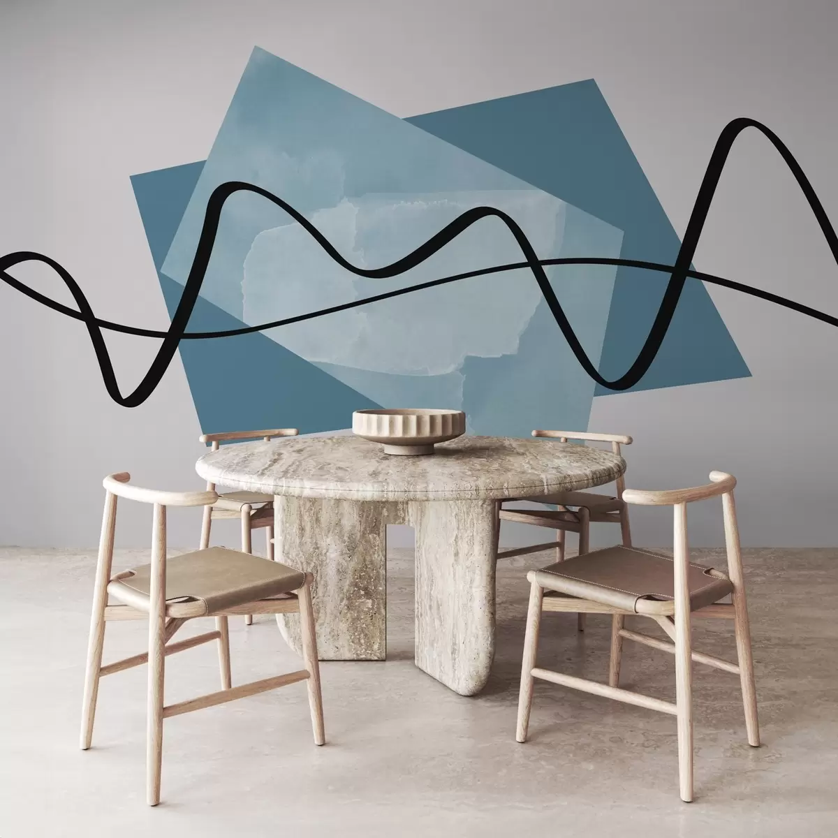 murales de pared Líneas negras y formas azules abstractas w02377v1