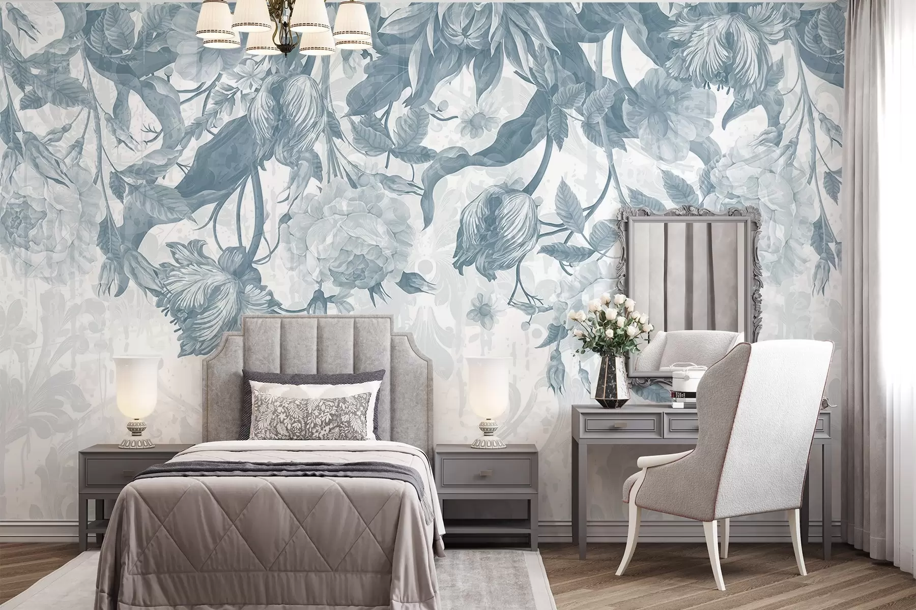 murales de pared Un exuberante arreglo floral con grandes flores azules y blancas, con hojas y tallos en azul pastel  w08435v1