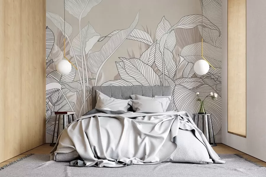 murales de pared Ilustración monocroma de grandes hojas y follaje estilizados con intrincadas líneas y texturas w08436v1