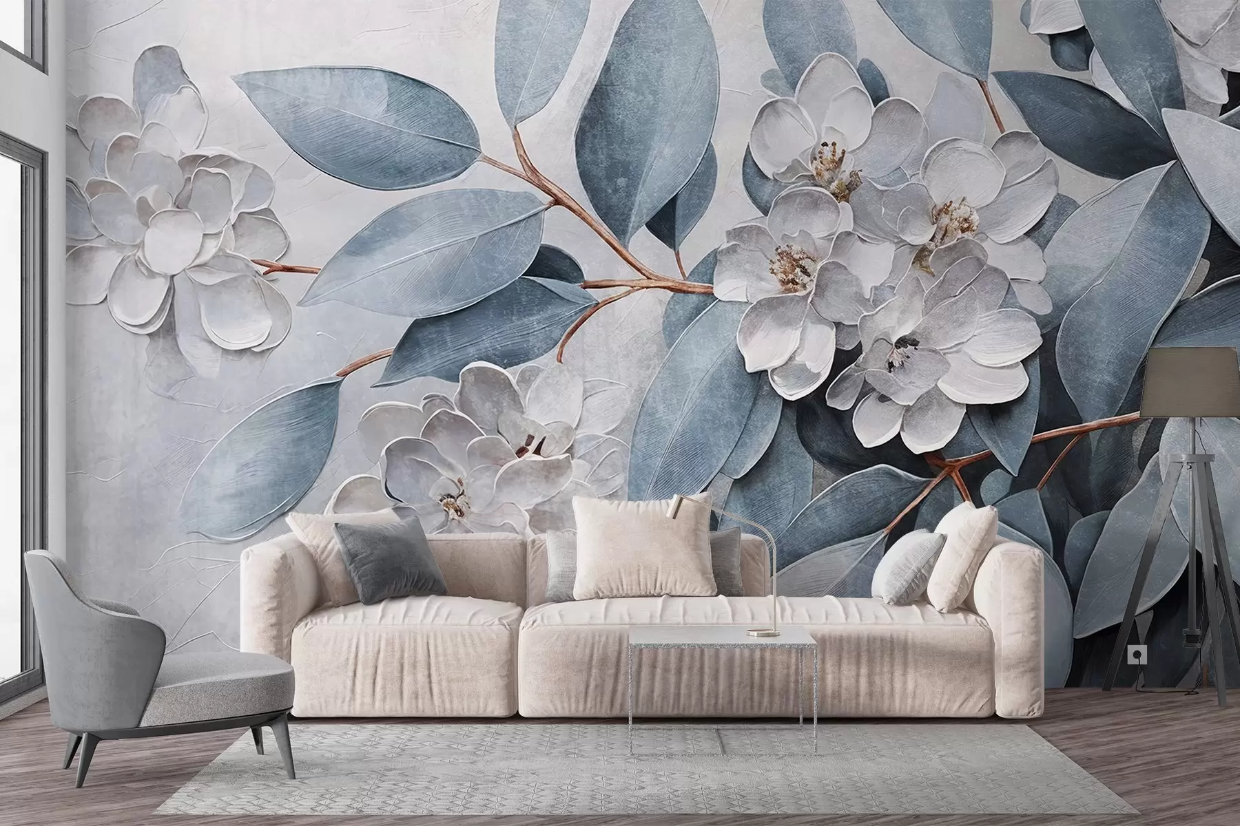 murales de pared Delicadas flores blancas con hojas de color verde grisáceo sobre un fondo suave y apagado en estilo de pintura al óleo  w08437