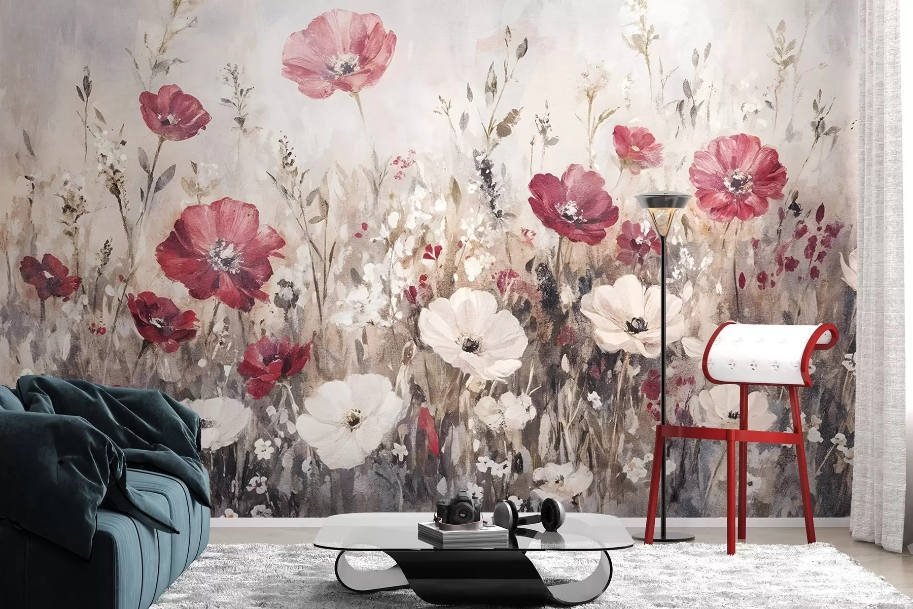 murales de pared Un campo de vibrantes flores rojas y blancas sobre un fondo suave y brumoso en estilo de pintura al óleo w08438