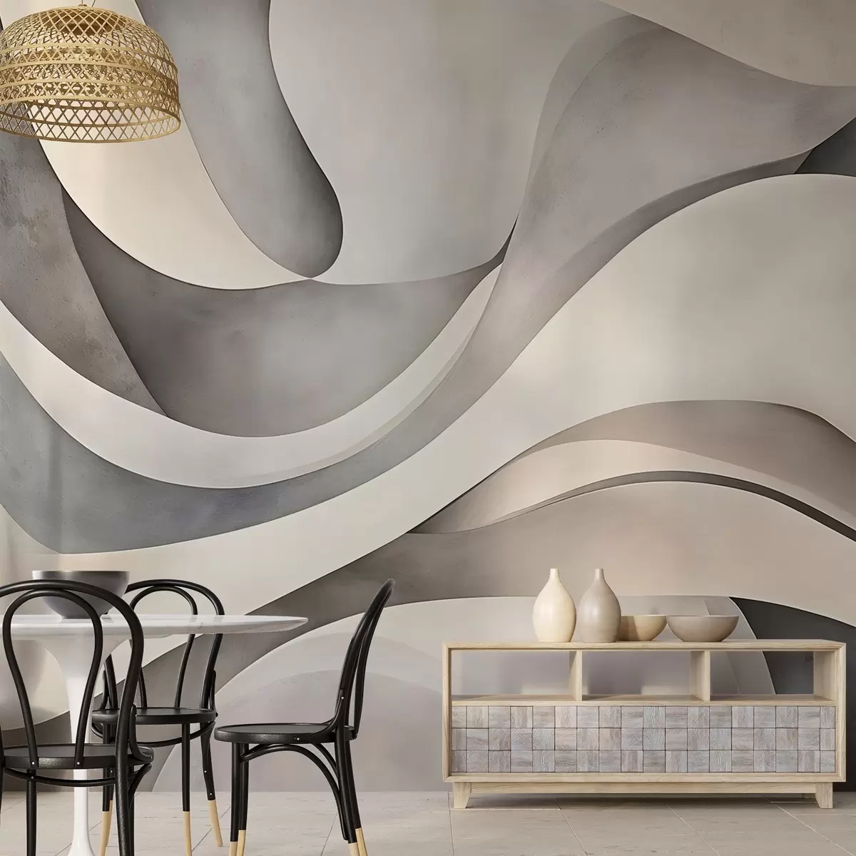 murales de pared Formas curvas en blanco, beige y gris, creando un estampado minimalista, moderno y abstracto  w08439