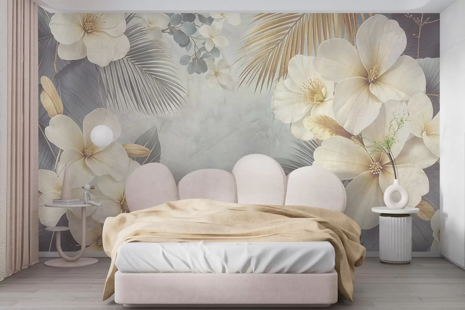 murales de pared Un estampado floral tropical con grandes flores de hibisco blancas y amarillas, hojas de palmera en tonos grises y beige apagados w08445