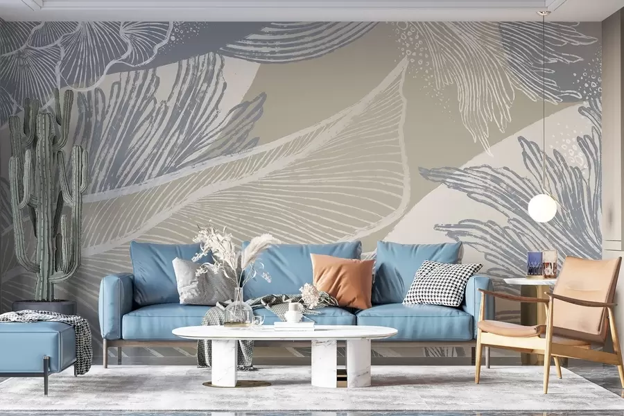 murales de pared Estampado abstracto en azul pastel y blanco con formas y líneas orgánicas y una paleta de colores apagados w08450