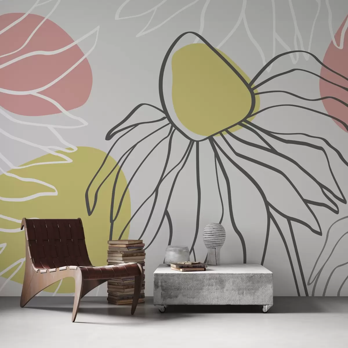 murales de pared Flores abstractas dibujo lineal, de color azul, rosa, amarillo w02427