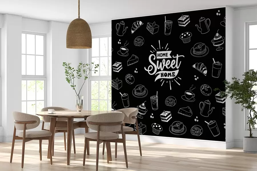 murales de pared papel pintado negro para la cocina con motivos blancos w02349