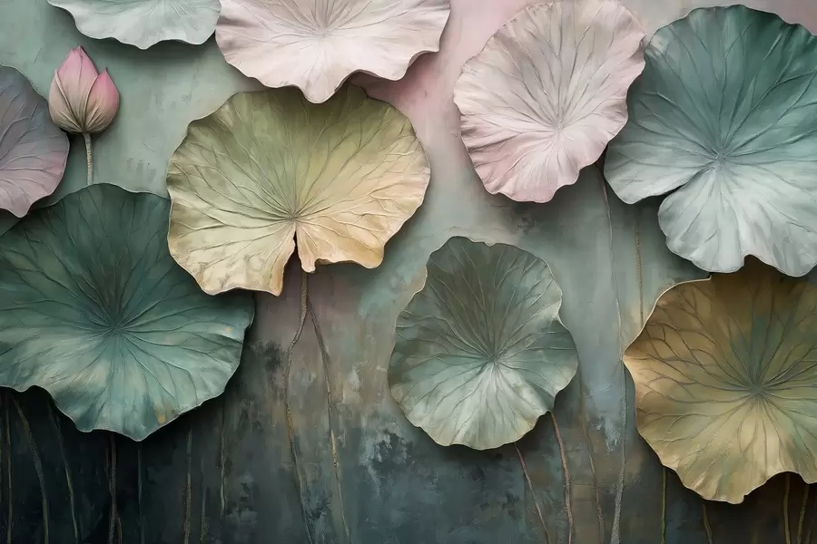 murales de pared hojas de loto en estilo pastel con efecto volumen w02441