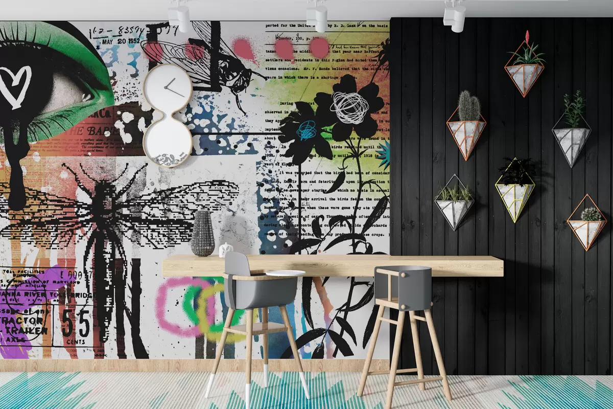 murales de pared Inscripciones estilo graffiti, flores, figuras w02255