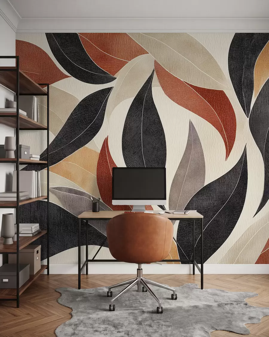 murales de pared hojas abstractas en una paleta de tonos terrosos: beige, terracota y gris oscuro w02452