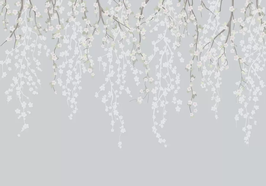 murales de pared Caída de delicadas ramas con flores sobre fondo azul w02479