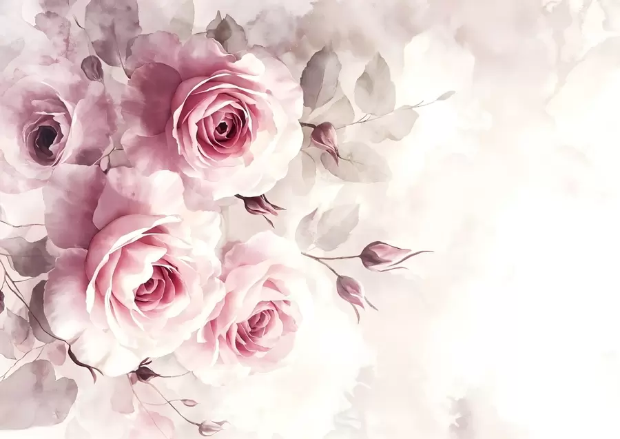 murales de pared Delicadas rosas y hojas rosa pastel con fondo suave y difuminado imitación acuarela w08459