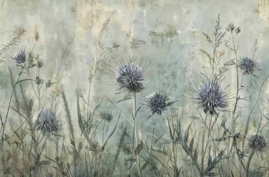 murales de pared Un campo de flores de cardo púrpura con flores borrosas y follaje en el fondo de textura vintage w08463