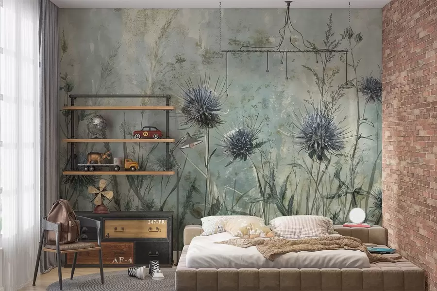 murales de pared Un campo de flores de cardo púrpura con flores borrosas y follaje en el fondo de textura vintage w08463