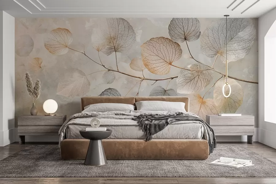 murales de pared Delicadas hojas con intrincadas vetas y colores suaves y apagados sobre un fondo de textura pálida w08469