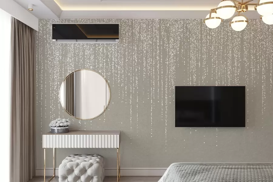 murales de pared Un elegante estampado vertical de guirnaldas punteadas sobre un fondo de textura beige, que crea una sensación de profundidad y movimiento w08470