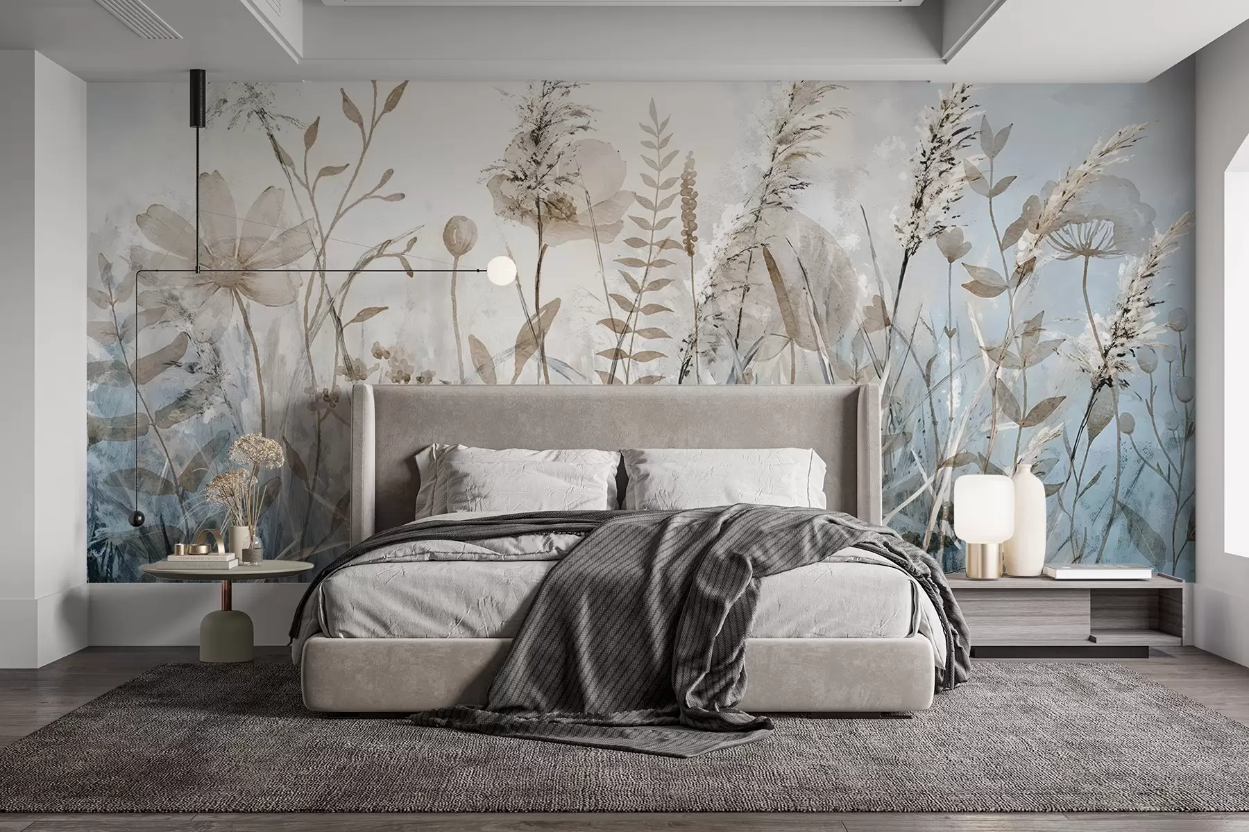 murales de pared Un campo de hierba alta, follaje natural y plantas con texturas suaves y difusas contra un cielo nublado y brumoso w08472