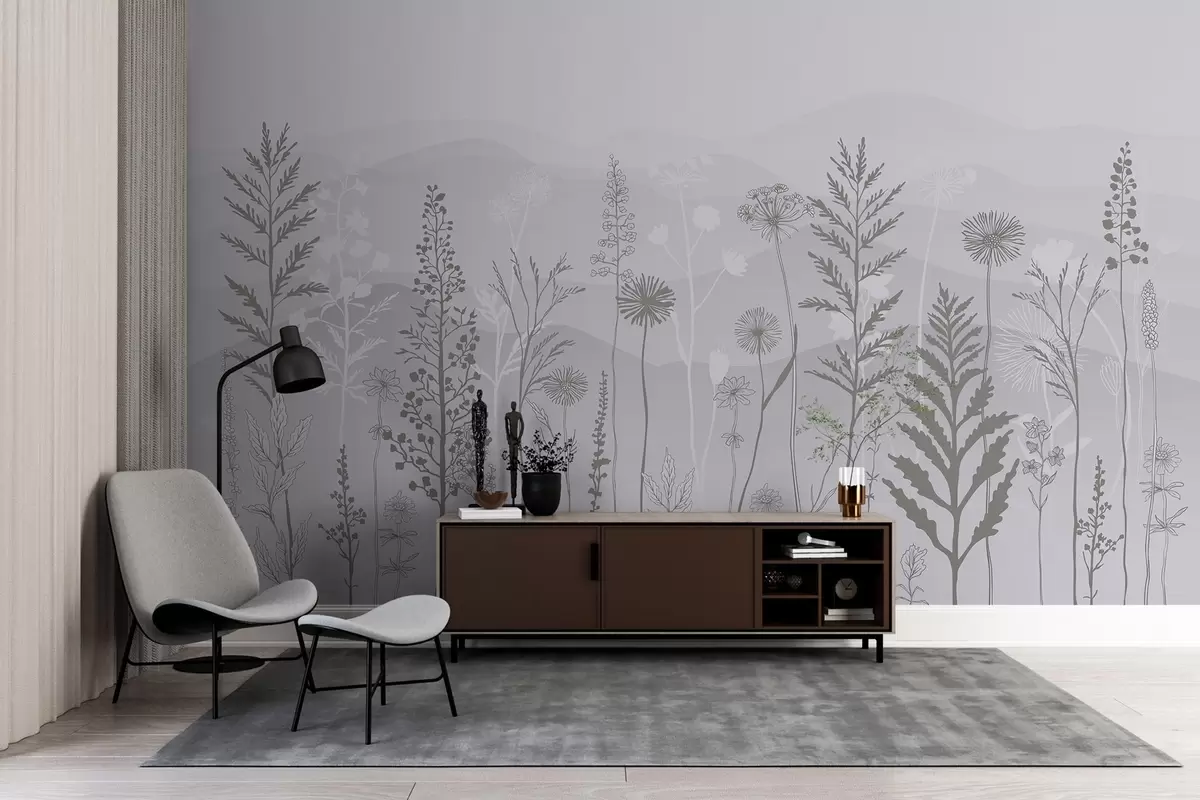 murales de pared papel pintado ecológico, flores silvestres en tonos grises w02443