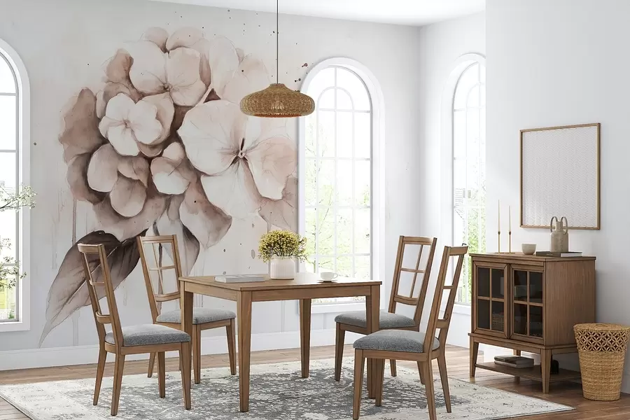 murales de pared Dibujo de hortensia, estilo acuarela, colores beige w02483