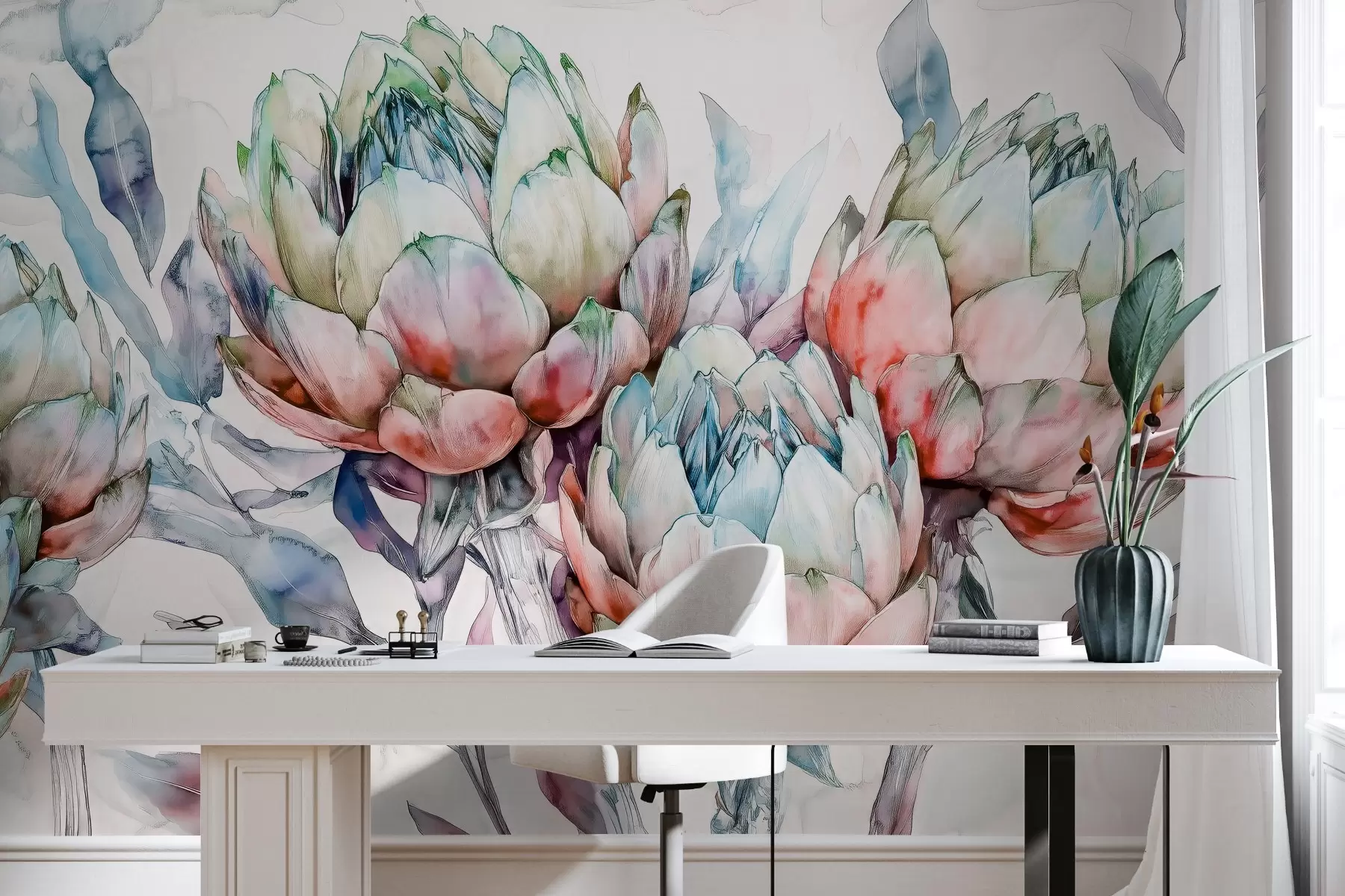 murales de pared Alcachofas dibujo, estilo acuarela, floral, rojo, morado, verde w02484v1