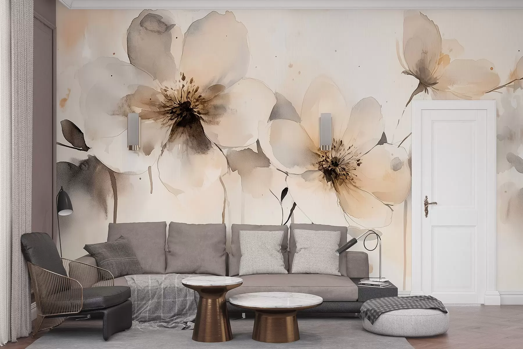 murales de pared Flores de prado, dibujo estilo acuarela, paleta de colores beige  w02489