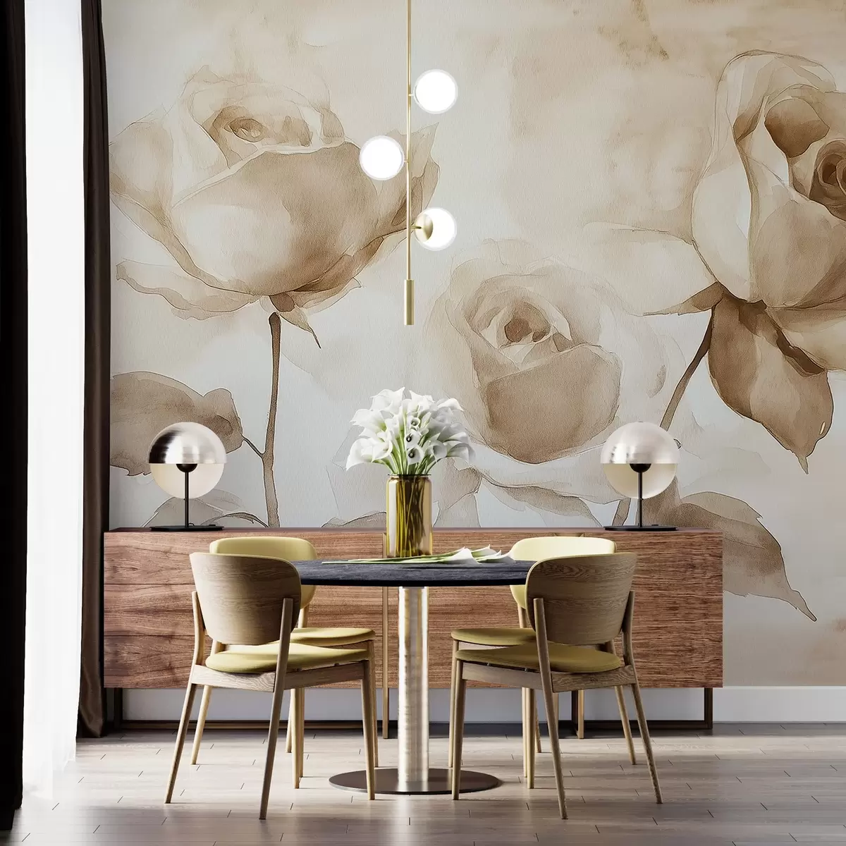 murales de pared Rosas beige, flores, dibujo acuarela suave, rústico, bohemio w02490