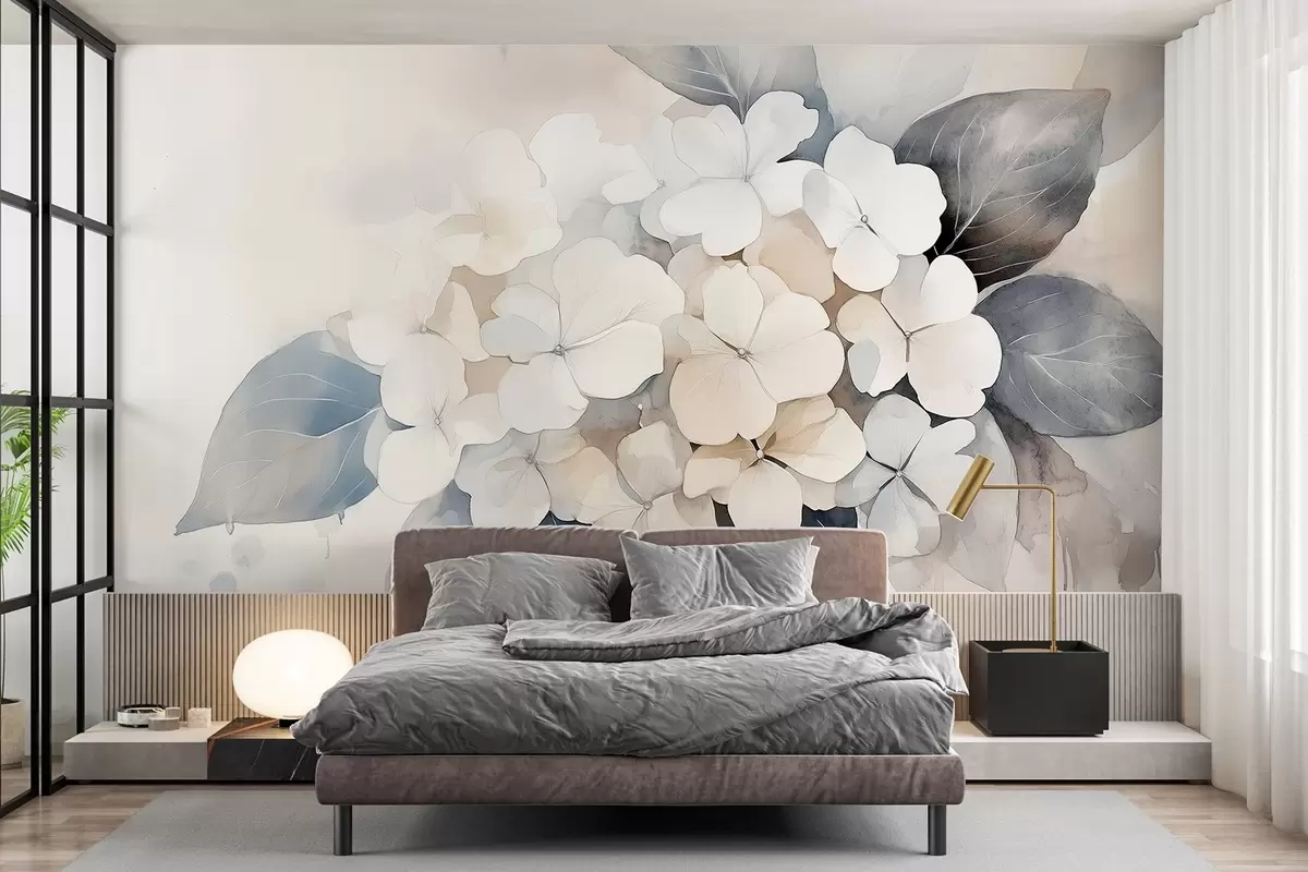 murales de pared Flor de hortensia, colores suaves, estilo acuarela w02491