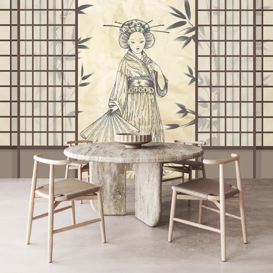 murales de pared Antigua casa de estilo asiático, chica con ropa tradicional, cerezos en flor, flores de cerezo, Shoji w02535