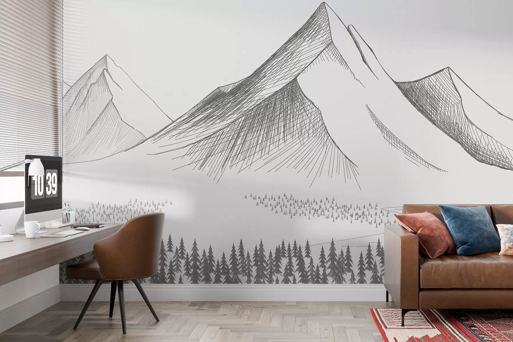 murales de pared Montañas y bosque, dibujados a lápiz w02536