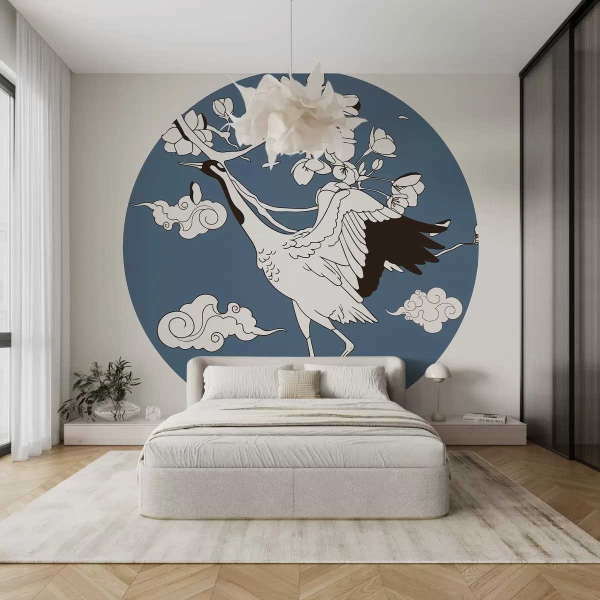 murales de pared Dibujo en círculo, flores, nubes en estilo japonés, grulla, parte azul w02538