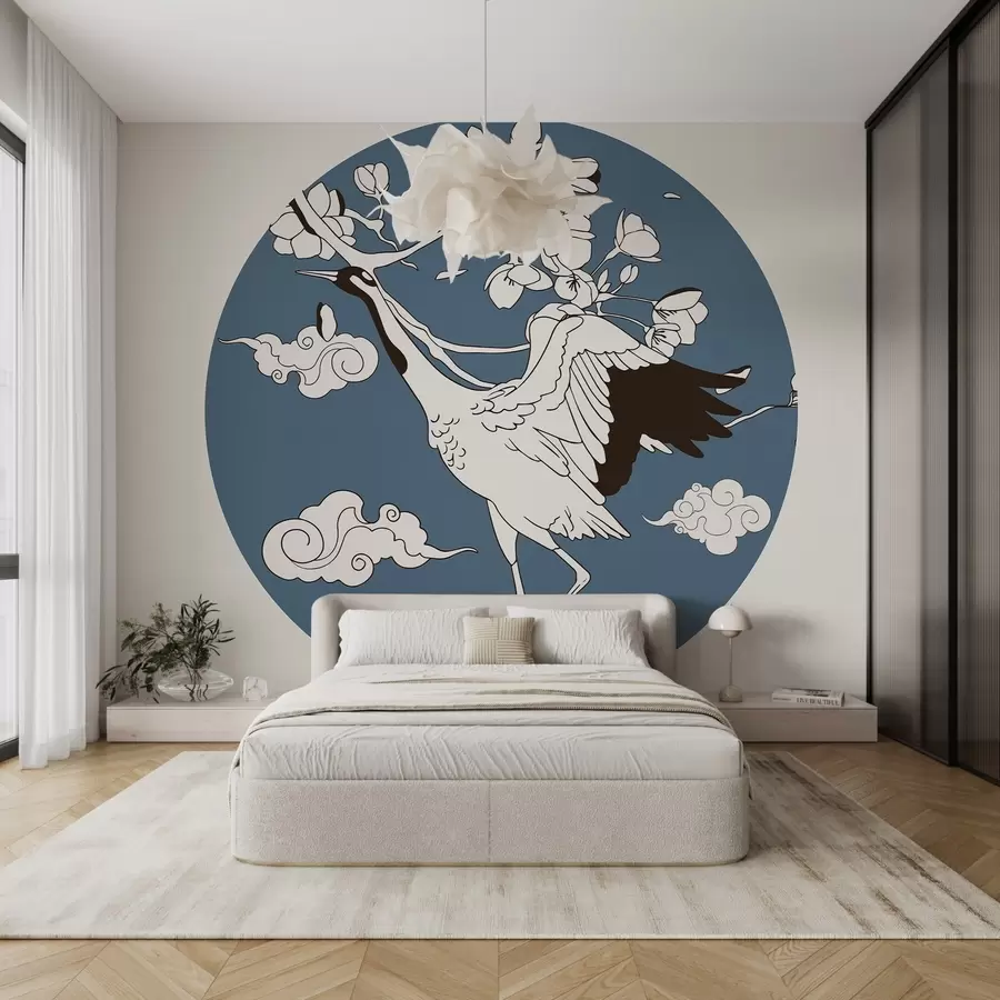 murales de pared Dibujo en círculo, flores, nubes en estilo japonés, grulla, parte azul w02538